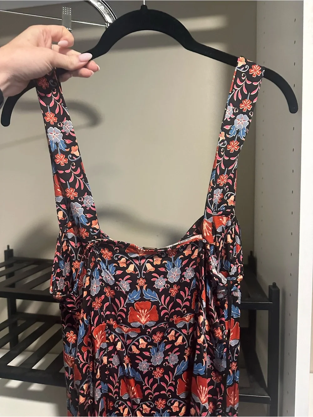 Free People Black Floral Mini Dress with Red and Blue Flowers